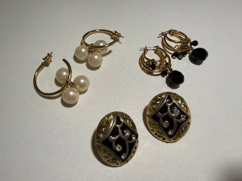 Vintage Earrings Lot 3 Pairs Gold Tone Faux Pearl Black Rhinestone Hoops